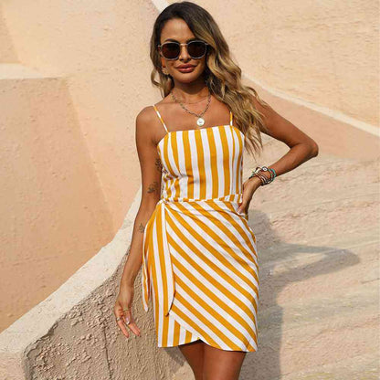Striped Printed Irregular A- Line Dress Yellow2