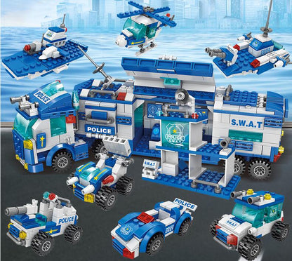 Police Building Bricks Set Toy, 8 in 3 Swat Mobile Command Center Station Truck, military Helicopters
