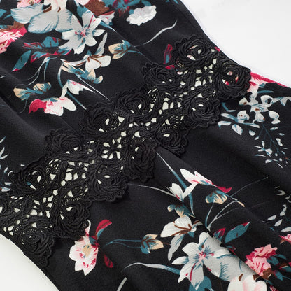 Women's Summer Dress Floral Print Contrast Lace Plicated Short Black Dress Sleeveless Regular Fit High Waist