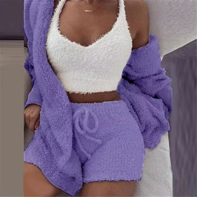 Lady Female Soft Warm Long Sleeve Exposed Navel Vest Shorts Set