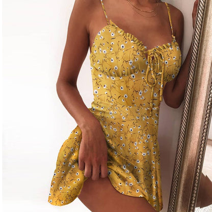 Ruffled Mini Dress Sexy Spicy Girl Strap Printed Beach Dress Women's Wear