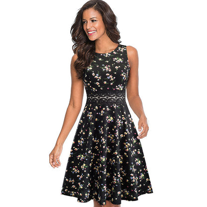 Women's Summer Dress Floral Print Contrast Lace Plicated Short Black Dress Sleeveless Regular Fit High Waist