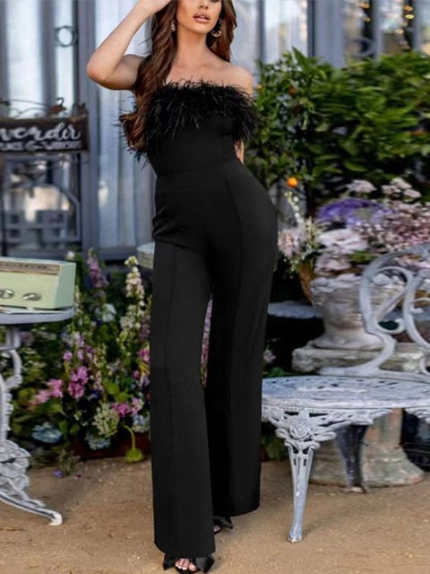 Women's Sleeveless Jumpsuits Slim Fit For Wedding Party Clubwear Fashion Elegant Ladies Sexy Off Shoulder Cut Waist Ruffle Casual Straight Leg Romper Jumpsuit With Belt