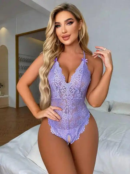 Floral Lace Criss Cross Bow Detail Teddy Bodysuit - Trotters Independent Traders