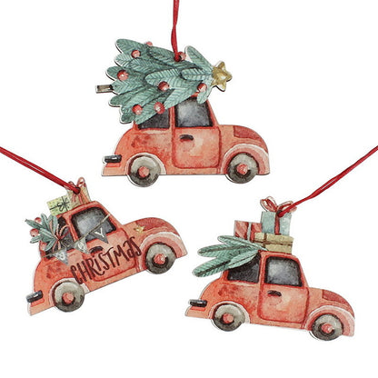 Vintage Christmas Truck With Tree Ornaments Wooden 3Pcs