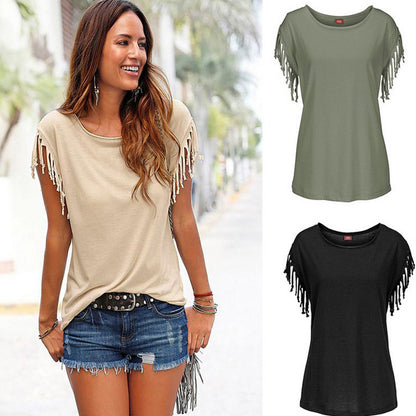 a women's t - shirt with fringes on the sleeves