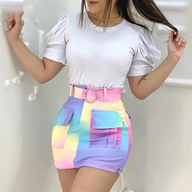 Puffed Sleeve Top and Color Pocket Design Skirt Set
