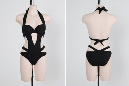 Black Halter Cut Out Bandage Trikini Swim Bathing Suit Brazilian Swimwear Women One Piece Swimsuit