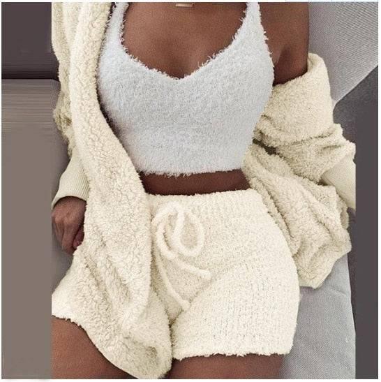Fluffy Three Piece Set Lounge Sexy Outfits - Trotters Independent Traders