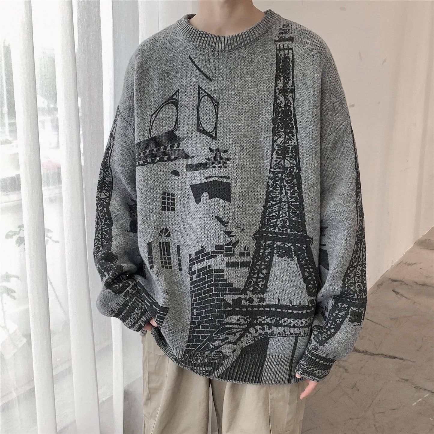 Iron Tower Printed Men's Loose Large Round Neck Sweater - Trotters Independent Traders