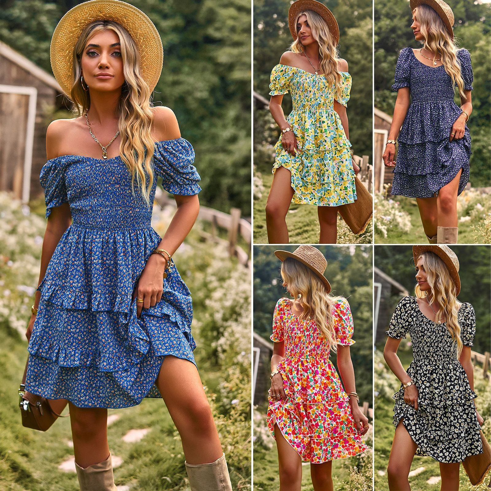 a collage of photos of a woman wearing a dress and hat