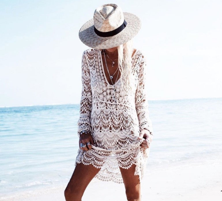Hollow Crochet Bikini Cover Up Lace Floral Knitted Swimsuit Cover Up Dress