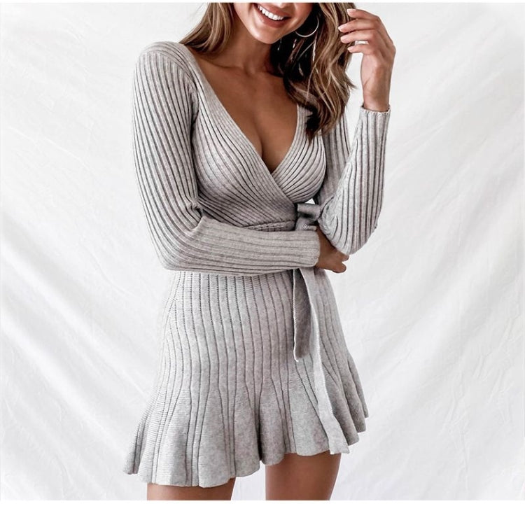 Sexy V Neck Grey Knitted Sweater Dress