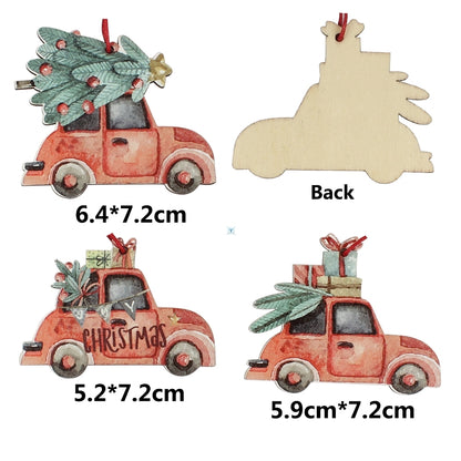 Vintage Christmas Truck With Tree Ornaments Wooden 3Pcs