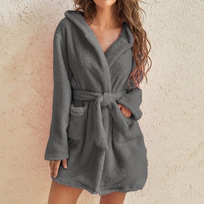 Women Hooded Fleece Bathrobe