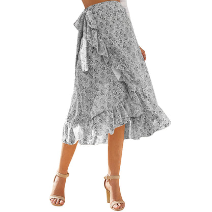 Floral Print Holiday Skirt Ruffles Elegant Chiffon Women Irregular Split Skirt