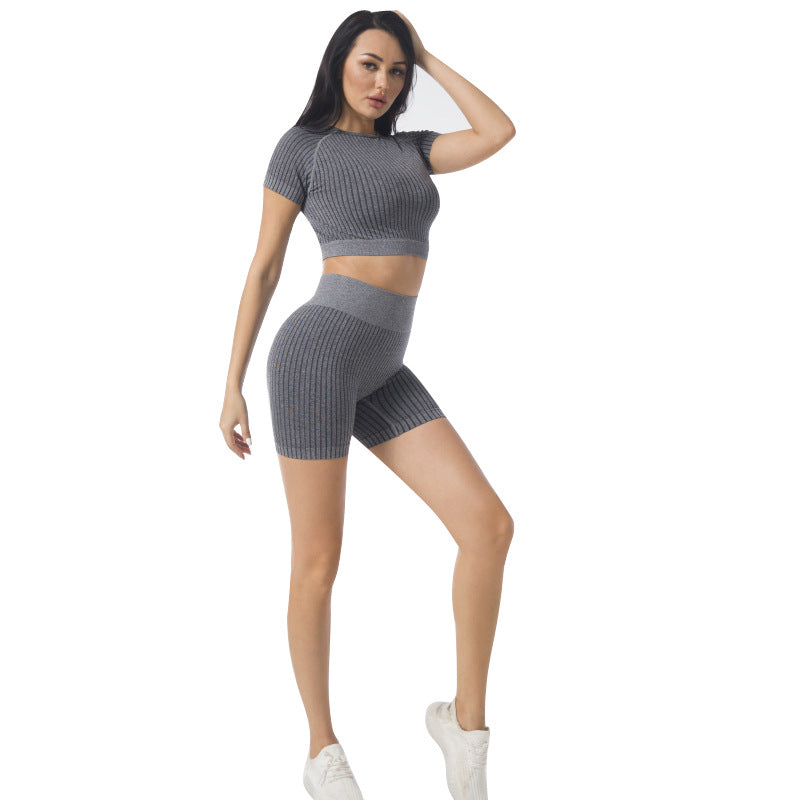 Seamless Yoga Set Fitness Sport Suits Sportswear Gym Set Short Sleeve Gym Crop Top High Waist Shorts Workout Clothes