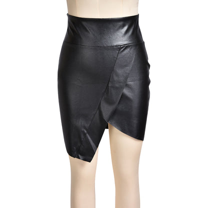 Irregular Slit Black Leather Skirt