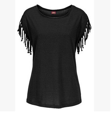 a black top with fringes on the shoulders