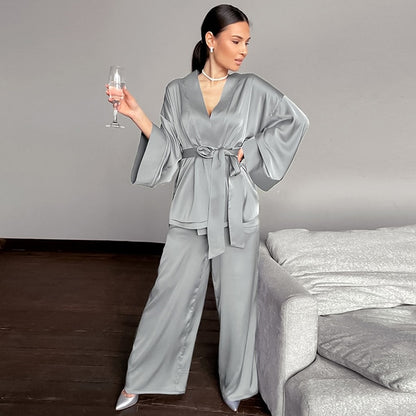 Sleepwear,Solid Color Sleepwear Loose Flare Home Pants Three Quarter Sleeve Satin Robe Sets Bathrobe For Women Pajama Fashion