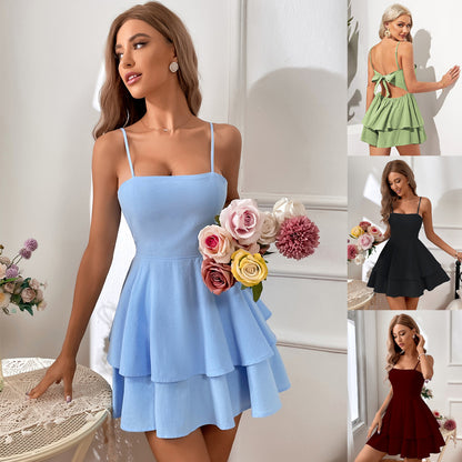 Ladies Ruffle Dress, Spaghetti Straps High Waist Backless Skirt with Bow, Flowy Slim Dress for Party Prom Beach Daily Life, Spring Summer