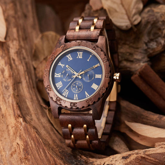 Retro Walnut Gold Multi-functional Men's Quartz Watch
