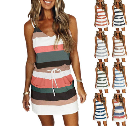 Summer Dress Casual Striped Sleeveless Dress V-Neck