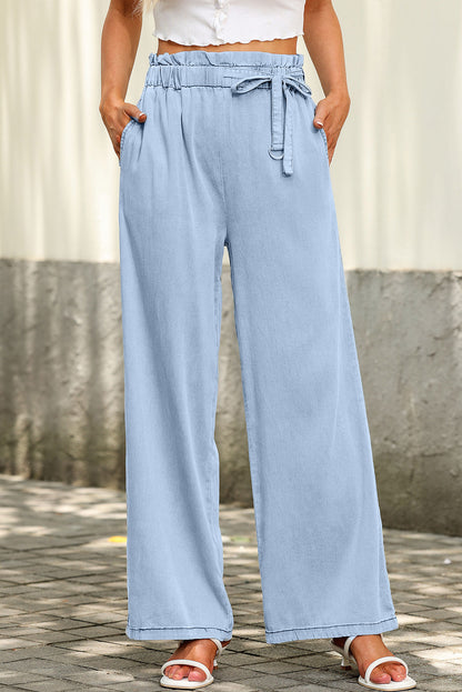 Womens High Waist Belted Wide Leg Trousers Solid Color Loose Fit Casual Palazzo Pants with Pockets