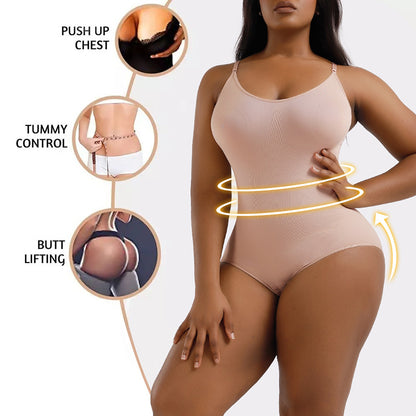 a woman in a tan bodysuit with the words, butt lift, push up