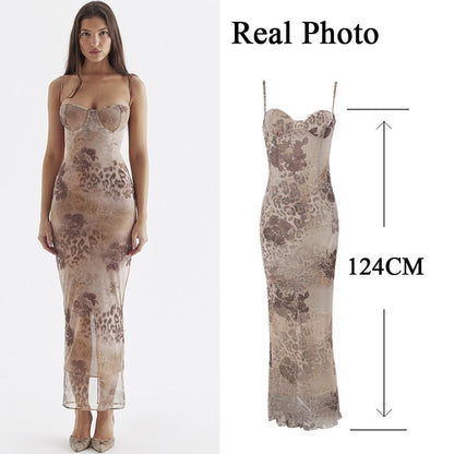 New Print Slip Long Dress Women's Slim Body Exposed Backpack