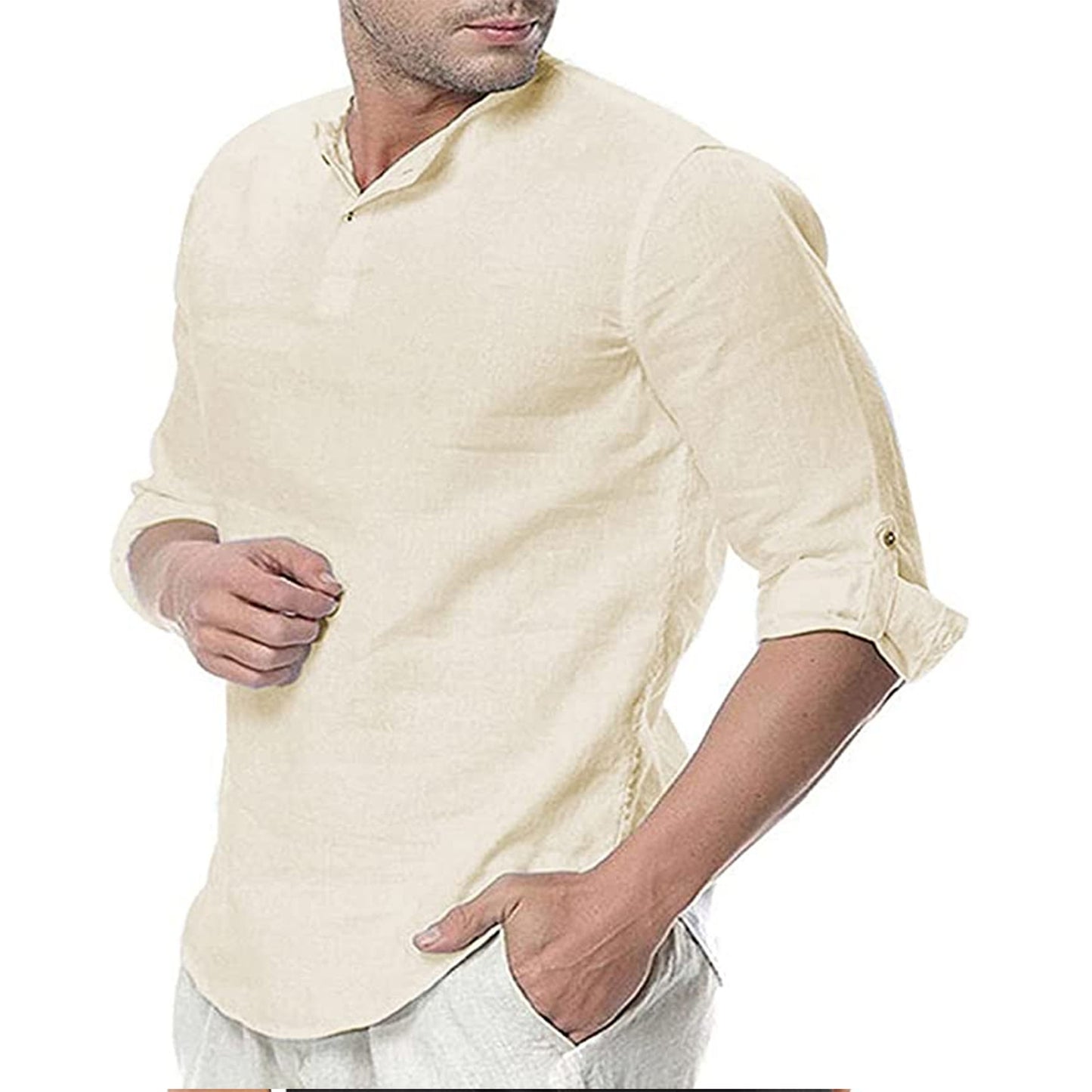 Men's Casual Cotton And Linen Plain Long-sleeved Shirt - Trotters Independent Traders