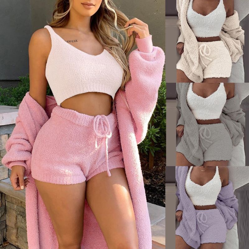 Lady Female Soft Warm Long Sleeve Exposed Navel Vest Shorts Set