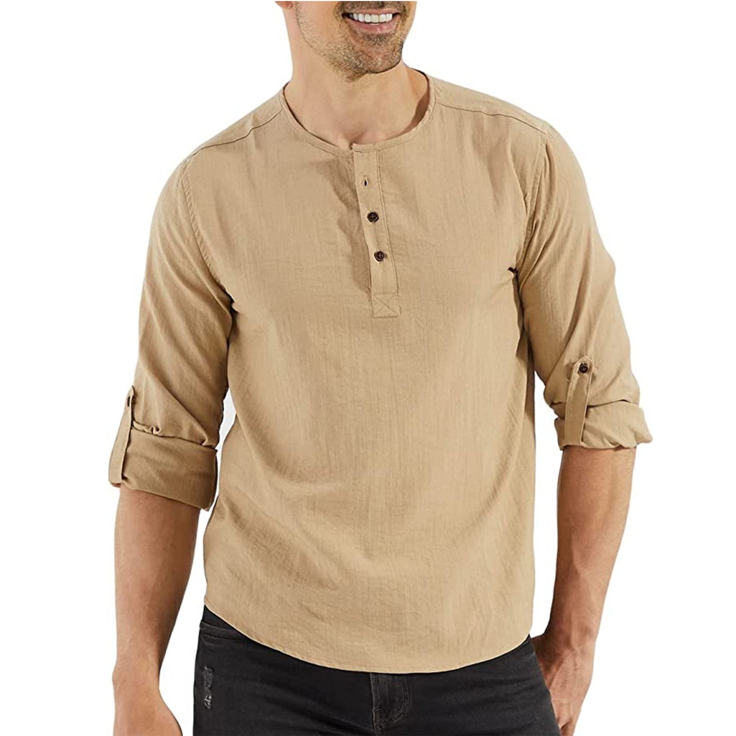 Men's Casual Cotton And Linen Plain Long-sleeved Shirt - Trotters Independent Traders
