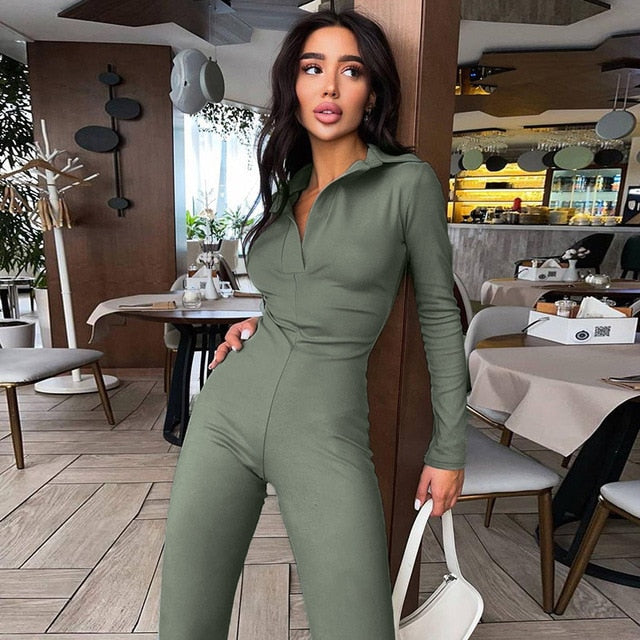 Womens One Piece Bodycon Jumpsuit,Elegant Slim Long Sleeve Lapel Siamese Trousers Casual Long Bell-Bottomed Trousers