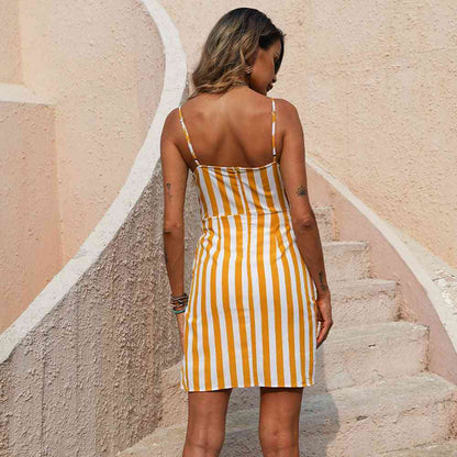 Striped Printed Irregular A- Line Dress Yellow1