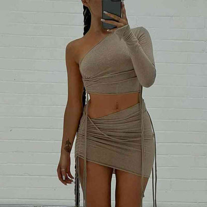 One Shoulder Midriff-baring Top Side Drawstring Skirt Suit - Trotters Independent Traders