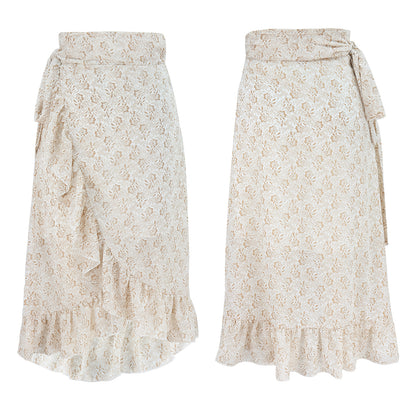 Floral Print Holiday Skirt Ruffles Elegant Chiffon Women Irregular Split Skirt