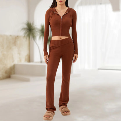 Womens Summer Knitted 2 Piece Outfits Y2K Zip Up Knitted Crop Top Bottom Two Piece Set Tracksuit Loungewear Cute Knitted Hooded Sweatshirts with Trousers