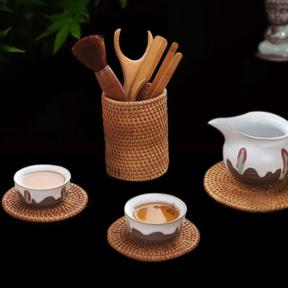 Handmade Tea Ceremony Basket Handwoven Rattan Pencil Holder Flowerpot Stationery