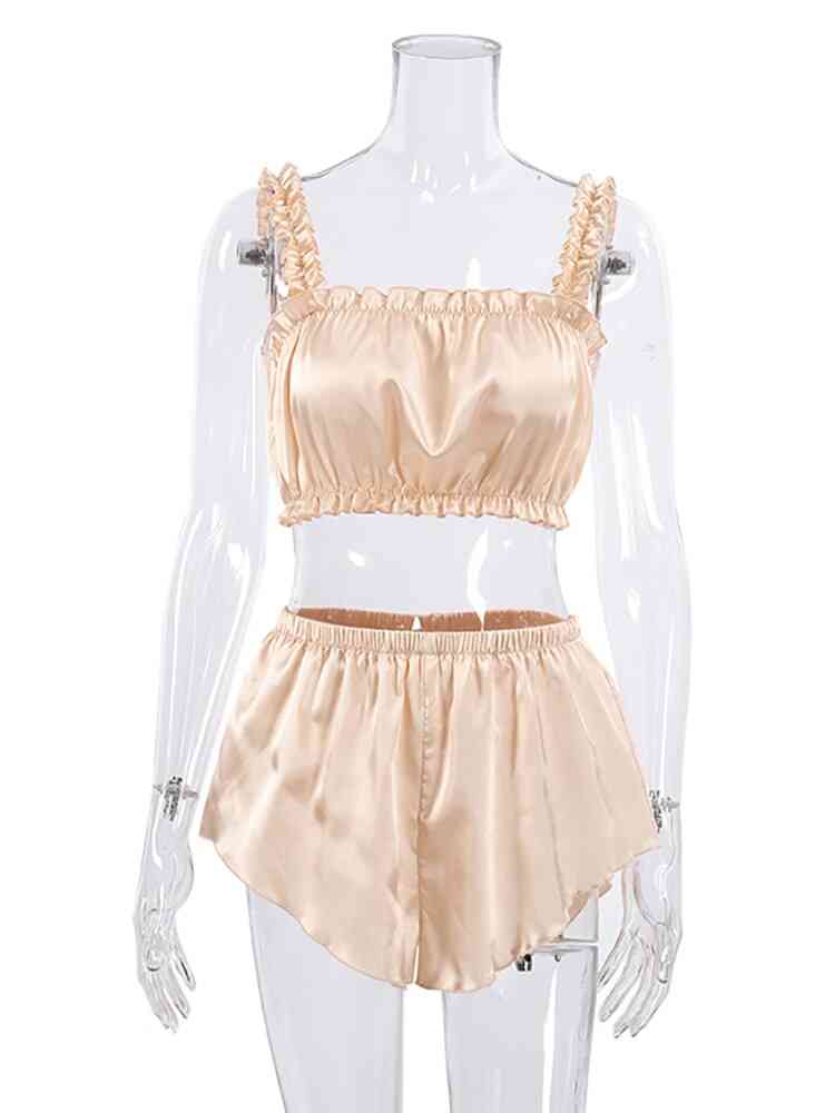 Restve Champagne Sexy Set Woman 2 Pieces Ruffle Spaghetti Strap Crop Top Autumn Casual Female Night Suits With Shorts2