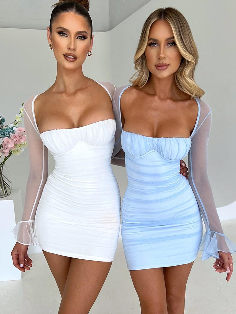 Transparent Dress Women Long Sleeve Dress Elegant Solid Color Low Cut/Patchwork Short Dress Sexy Bodycon Dress