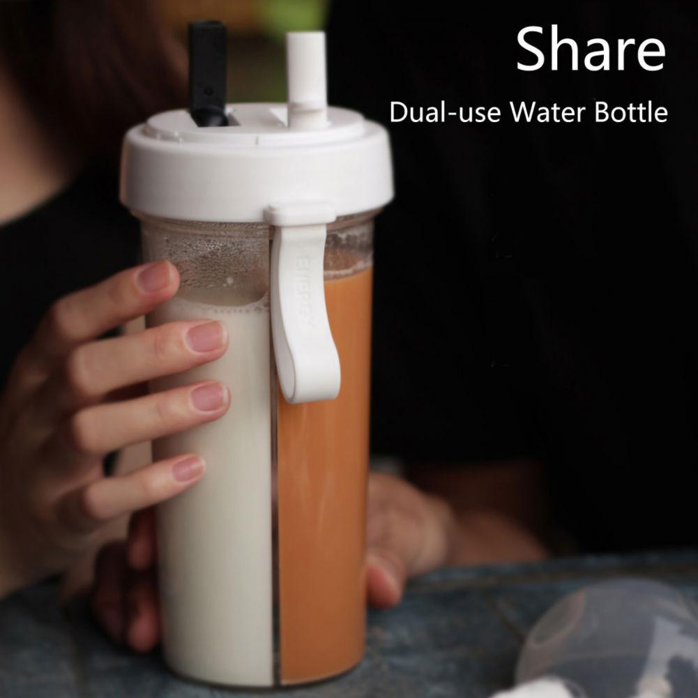 Portable Dual Straw Separate Drink Water Bottle Couples