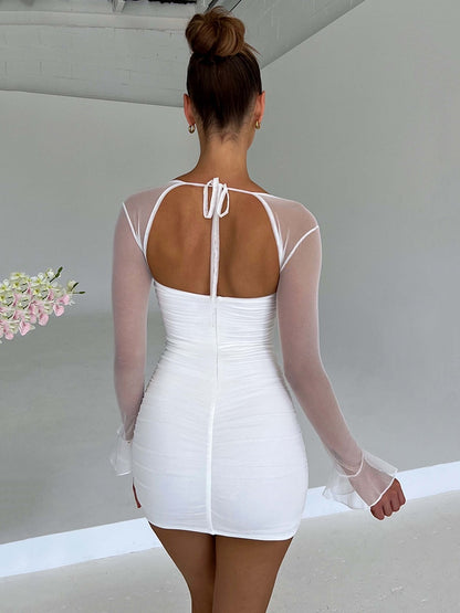 Transparent Dress Women Long Sleeve Dress Elegant Solid Color Low Cut/Patchwork Short Dress Sexy Bodycon Dress