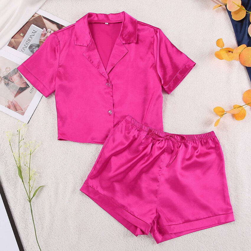 Satin Summer Two Piece Plain Short Sleeve Blouse and Short Pants
