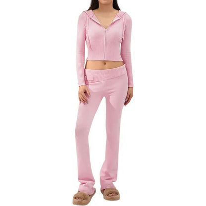 Womens Summer Knitted 2 Piece Outfits Y2K Zip Up Knitted Crop Top Bottom Two Piece Set Tracksuit Loungewear Cute Knitted Hooded Sweatshirts with Trousers