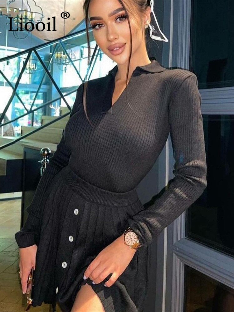 Knitted Suit with Skirt Women Solid Autumn Mini Pleated Skirt and Long Sleeve Slim Crop Pullover Lady 2 Pieces Sets