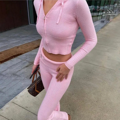 Pink Knit Two Piece Seor Women Y2k Casual Zipper Sweater Hoodie And Pants Sets 2-Piece Tracksuit