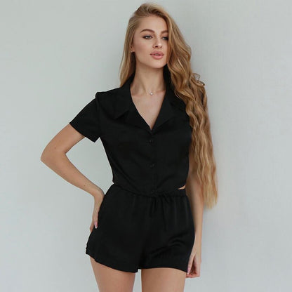 Satin Summer Two Piece Plain Short Sleeve Blouse and Short Pants