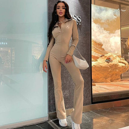Womens One Piece Bodycon Jumpsuit,Elegant Slim Long Sleeve Lapel Siamese Trousers Casual Long Bell-Bottomed Trousers