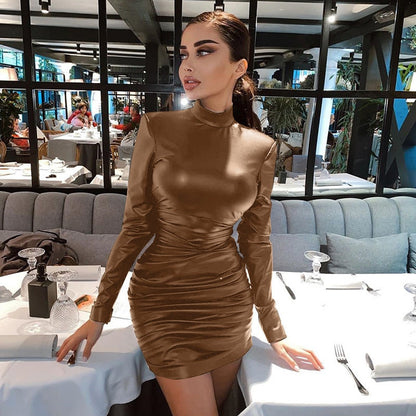 Leather Stand Collar Bodycon Dress Sexy Slim Fit Ball Gown Nightclub